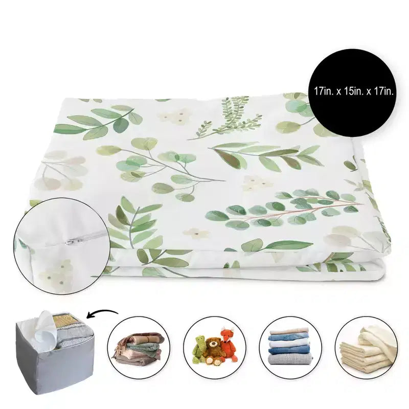 Sweet Jojo Designs Boy Girl Gender Neutral Unstuffed Fabric Ottoman Pouf Cover Decorative Storage Botanical Leaf Green and White Insert Not Included
