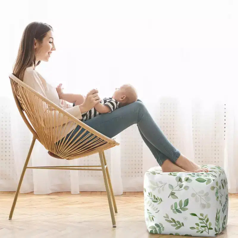 Sweet Jojo Designs Boy Girl Gender Neutral Unstuffed Fabric Ottoman Pouf Cover Decorative Storage Botanical Leaf Green and White Insert Not Included