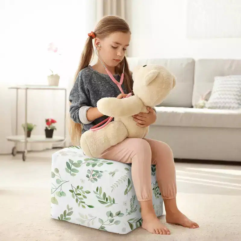 Sweet Jojo Designs Boy Girl Gender Neutral Unstuffed Fabric Ottoman Pouf Cover Decorative Storage Botanical Leaf Green and White Insert Not Included