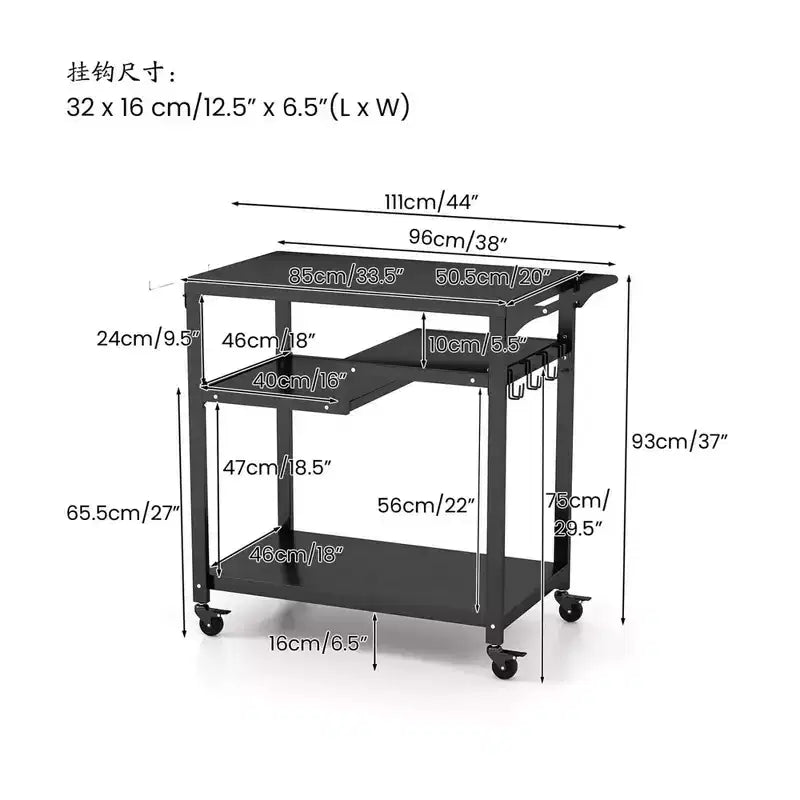 Costway Rolling Grill Cart 3-Shelf BBQ Table Pizza Oven Stand with Trash Bag Holder & Hooks
