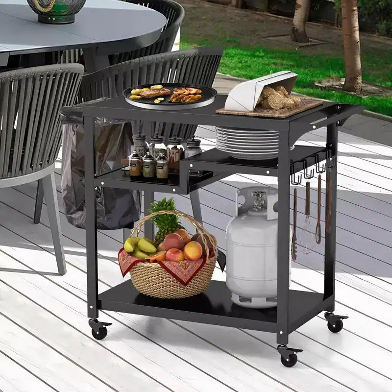 Costway Rolling Grill Cart 3-Shelf BBQ Table Pizza Oven Stand with Trash Bag Holder & Hooks