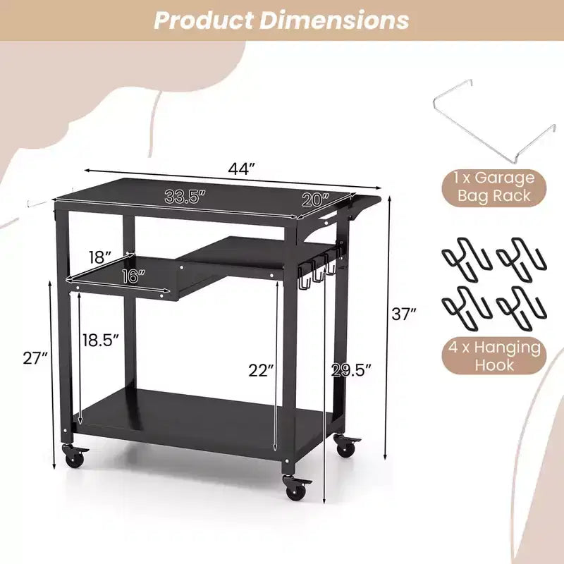 Costway Rolling Grill Cart 3-Shelf BBQ Table Pizza Oven Stand with Trash Bag Holder & Hooks