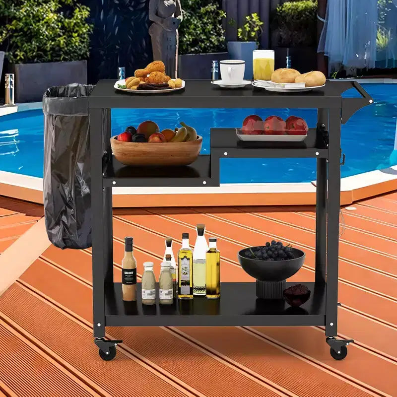 Costway Rolling Grill Cart 3-Shelf BBQ Table Pizza Oven Stand with Trash Bag Holder & Hooks