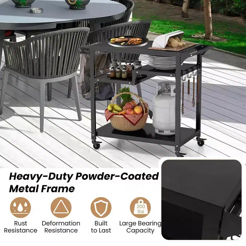 Costway Rolling Grill Cart 3-Shelf BBQ Table Pizza Oven Stand with Trash Bag Holder & Hooks