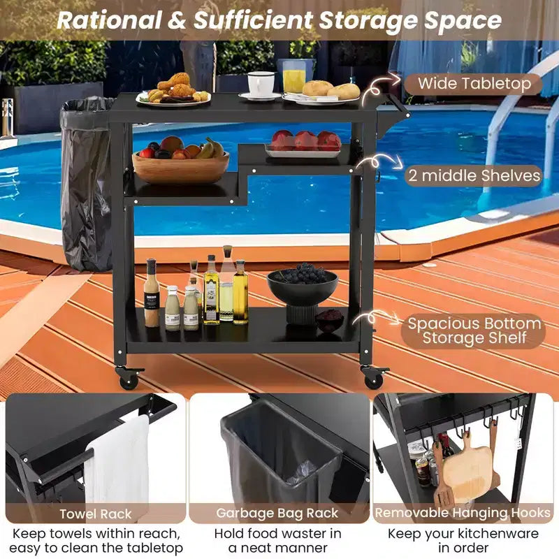 Costway Rolling Grill Cart 3-Shelf BBQ Table Pizza Oven Stand with Trash Bag Holder & Hooks