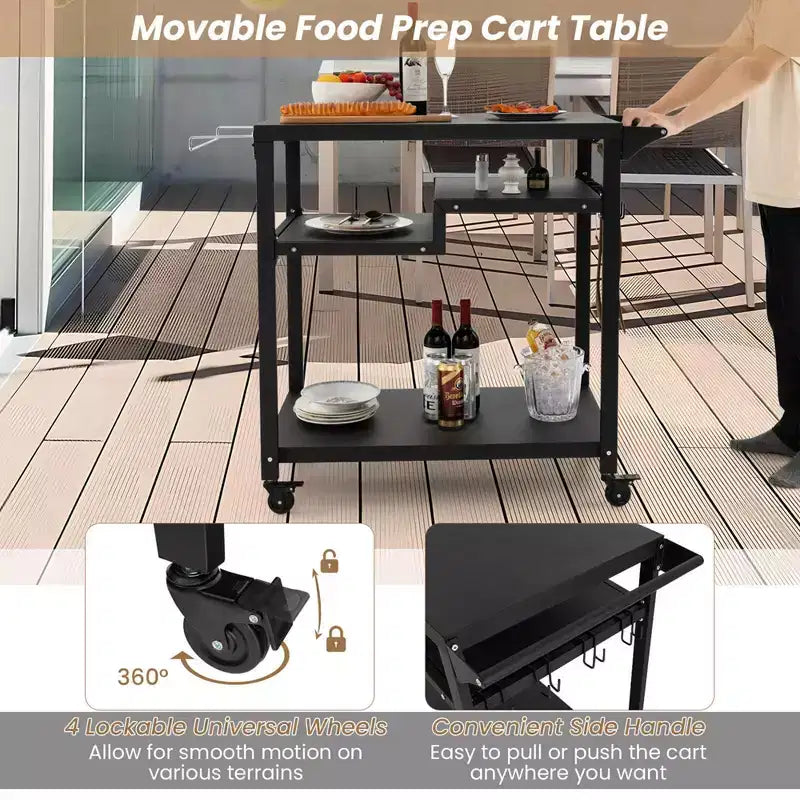 Costway Rolling Grill Cart 3-Shelf BBQ Table Pizza Oven Stand with Trash Bag Holder & Hooks