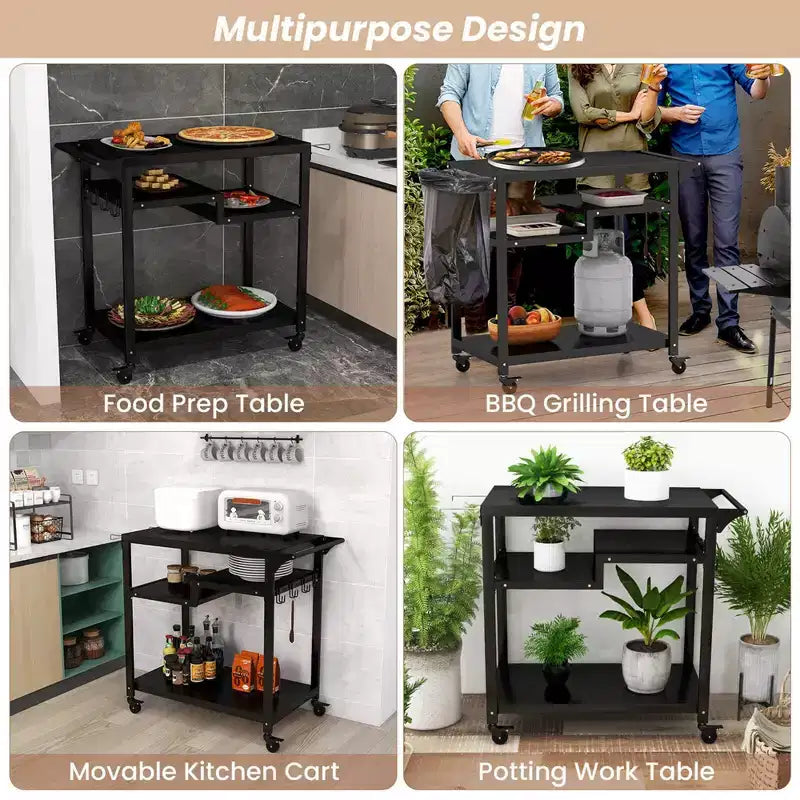 Costway Rolling Grill Cart 3-Shelf BBQ Table Pizza Oven Stand with Trash Bag Holder & Hooks