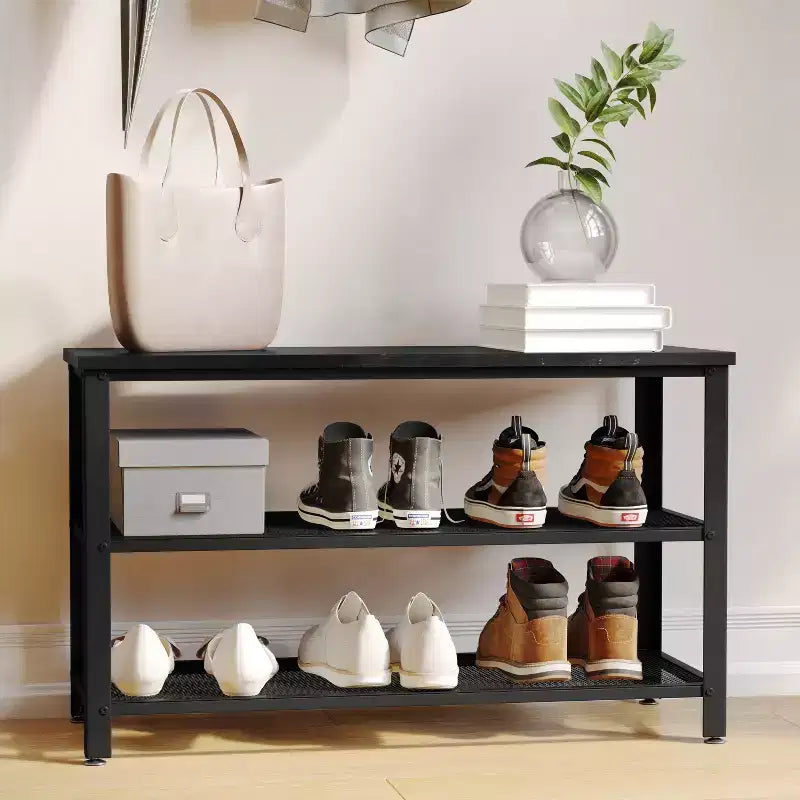 Flash Furniture Easton 3-Tier Wooden Entryway Bench with Metal Mesh Shoe Storage Shelves for Entryway, Mudroom, or Bedroom