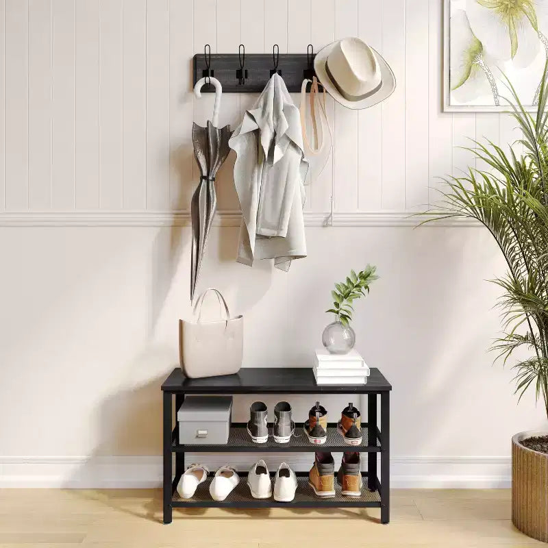 Flash Furniture Easton 3-Tier Wooden Entryway Bench with Metal Mesh Shoe Storage Shelves for Entryway, Mudroom, or Bedroom
