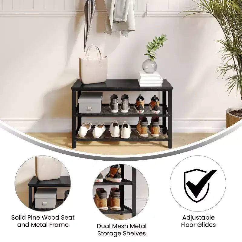 Flash Furniture Easton 3-Tier Wooden Entryway Bench with Metal Mesh Shoe Storage Shelves for Entryway, Mudroom, or Bedroom