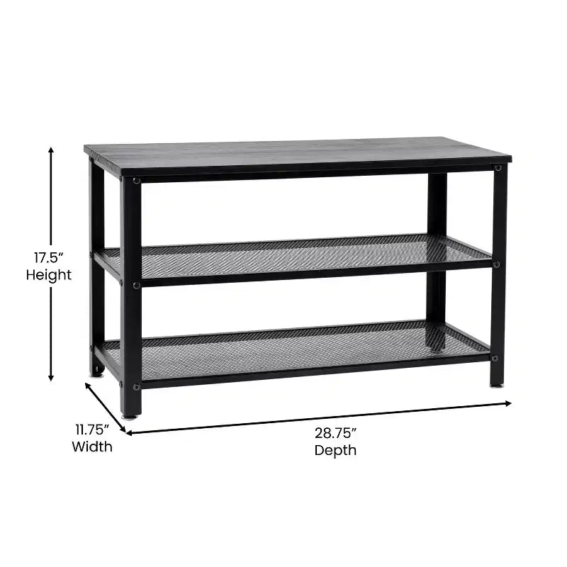 Flash Furniture Easton 3-Tier Wooden Entryway Bench with Metal Mesh Shoe Storage Shelves for Entryway, Mudroom, or Bedroom