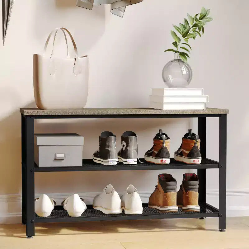 Flash Furniture Easton 3-Tier Wooden Entryway Bench with Metal Mesh Shoe Storage Shelves for Entryway, Mudroom, or Bedroom