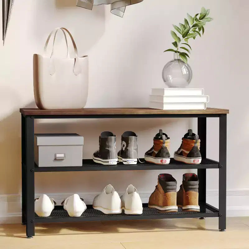Flash Furniture Easton 3-Tier Wooden Entryway Bench with Metal Mesh Shoe Storage Shelves for Entryway, Mudroom, or Bedroom