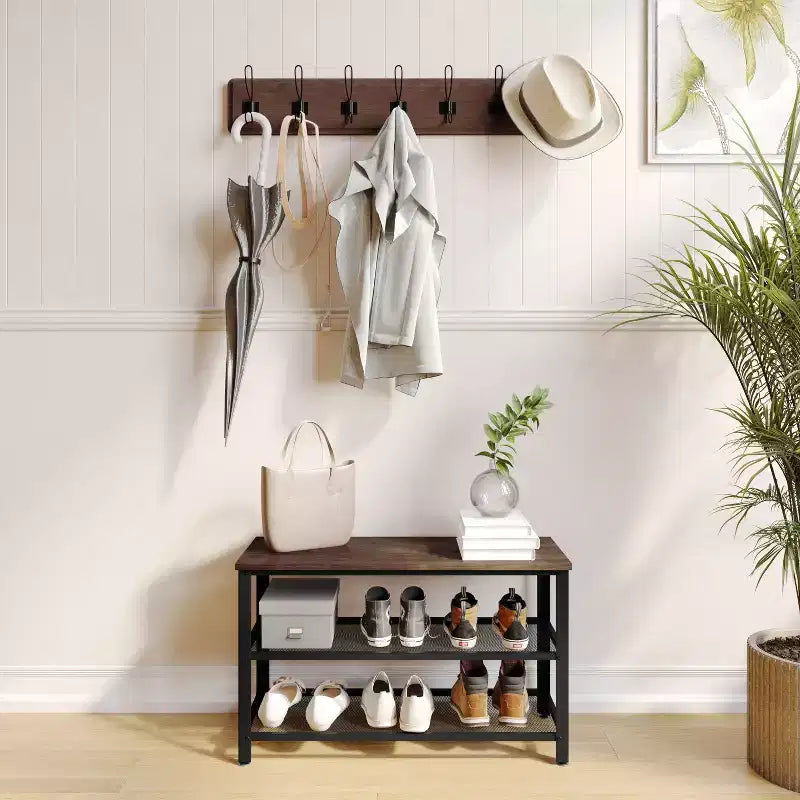 Flash Furniture Easton 3-Tier Wooden Entryway Bench with Metal Mesh Shoe Storage Shelves for Entryway, Mudroom, or Bedroom