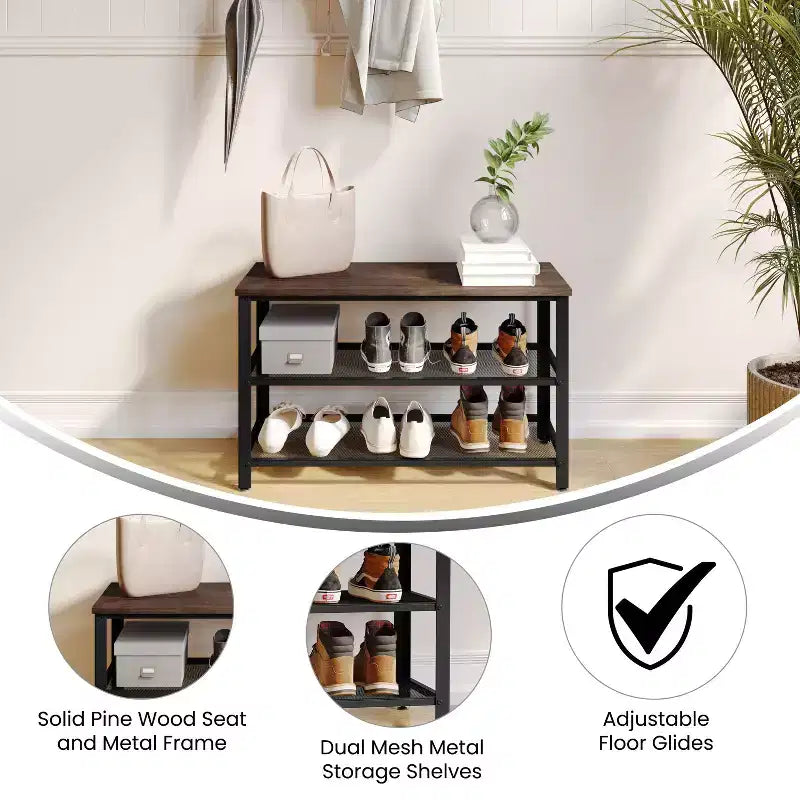 Flash Furniture Easton 3-Tier Wooden Entryway Bench with Metal Mesh Shoe Storage Shelves for Entryway, Mudroom, or Bedroom