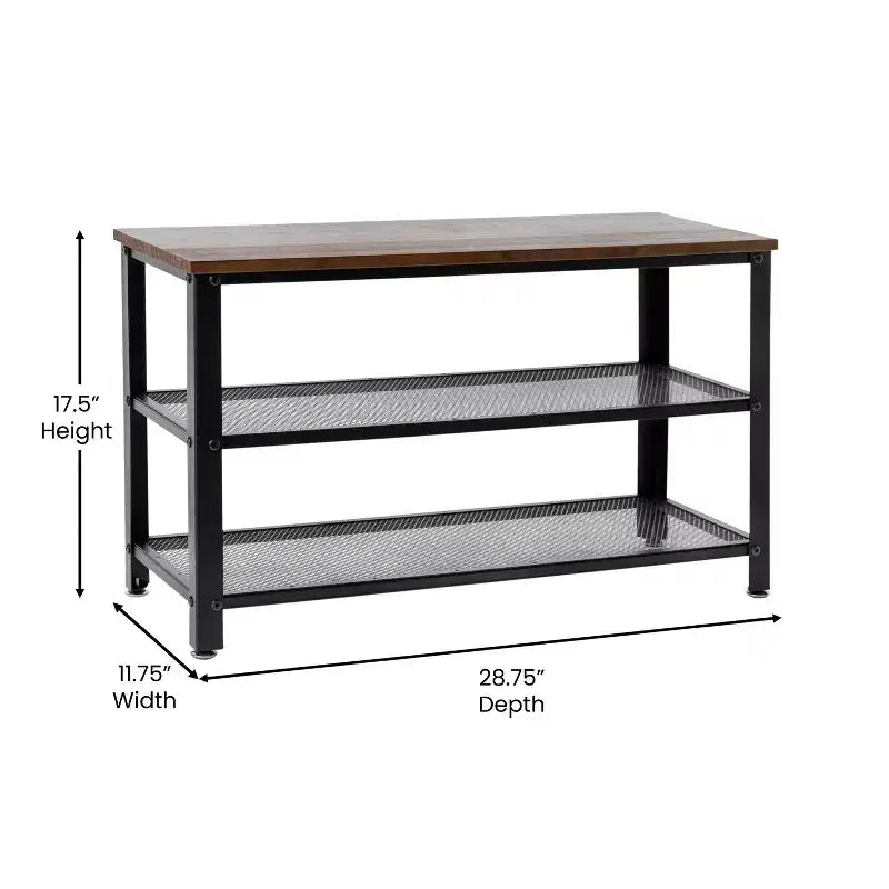 Flash Furniture Easton 3-Tier Wooden Entryway Bench with Metal Mesh Shoe Storage Shelves for Entryway, Mudroom, or Bedroom