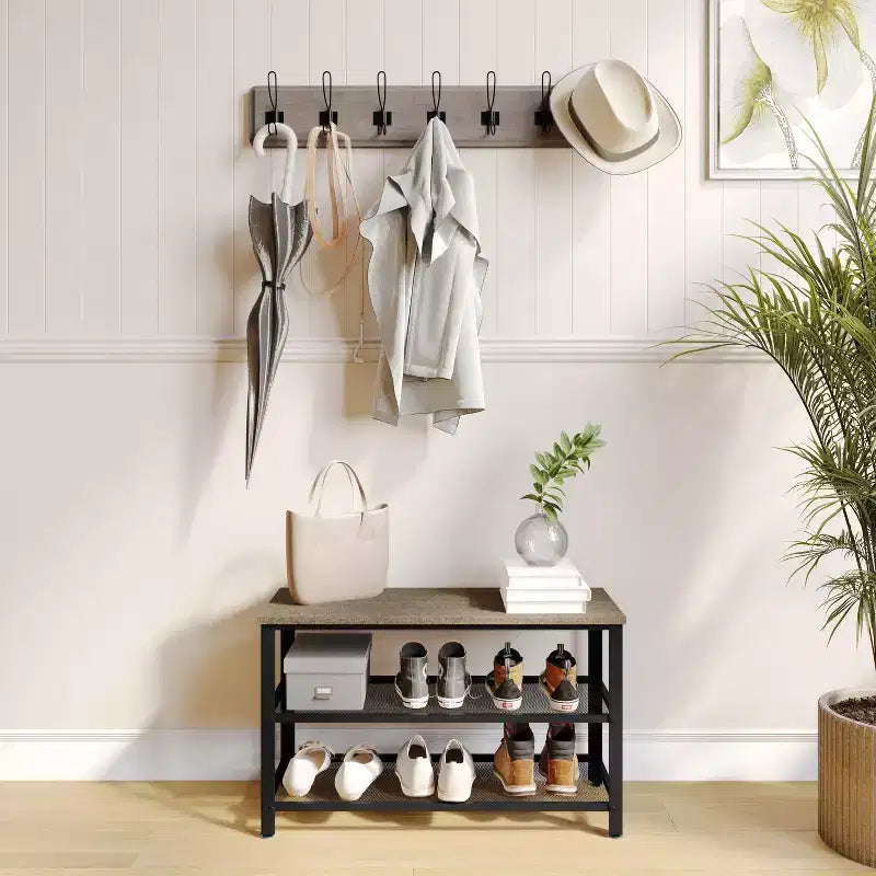 Flash Furniture Easton 3-Tier Wooden Entryway Bench with Metal Mesh Shoe Storage Shelves for Entryway, Mudroom, or Bedroom