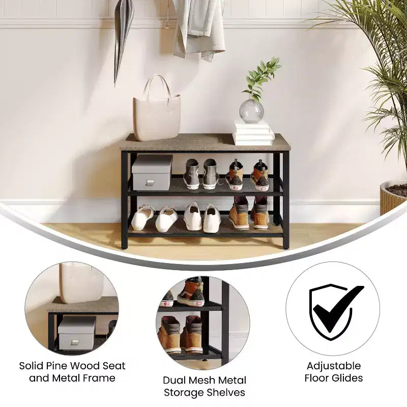 Flash Furniture Easton 3-Tier Wooden Entryway Bench with Metal Mesh Shoe Storage Shelves for Entryway, Mudroom, or Bedroom