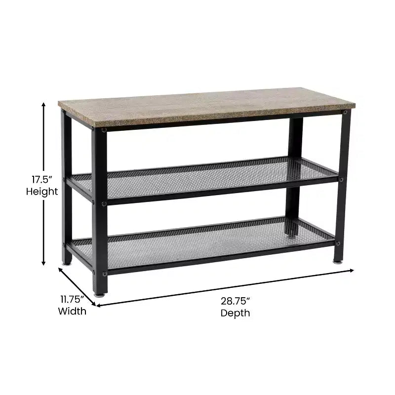 Flash Furniture Easton 3-Tier Wooden Entryway Bench with Metal Mesh Shoe Storage Shelves for Entryway, Mudroom, or Bedroom
