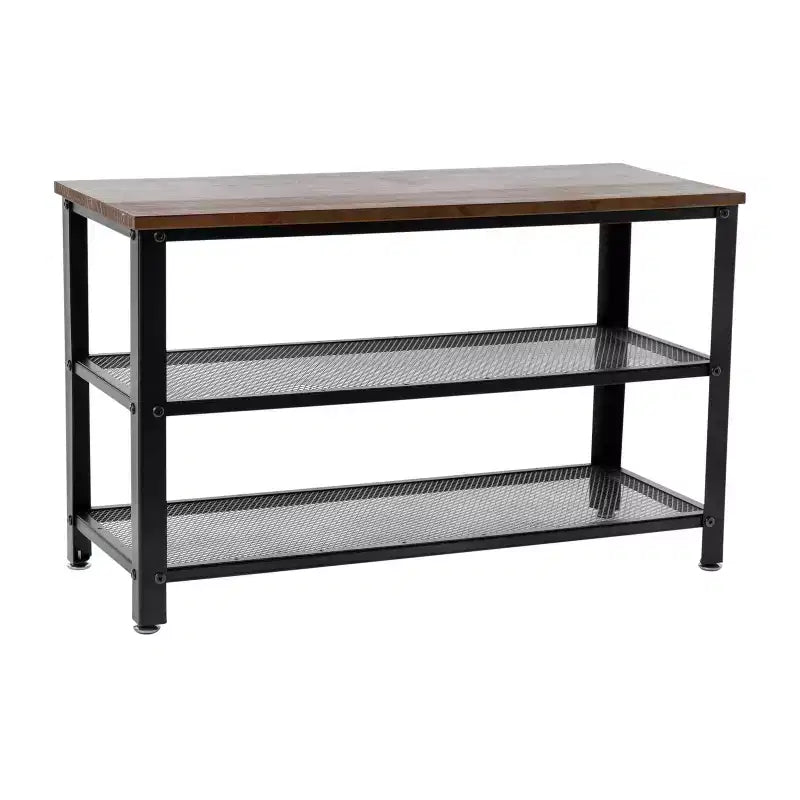 Flash Furniture Easton 3-Tier Wooden Entryway Bench with Metal Mesh Shoe Storage Shelves for Entryway, Mudroom, or Bedroom