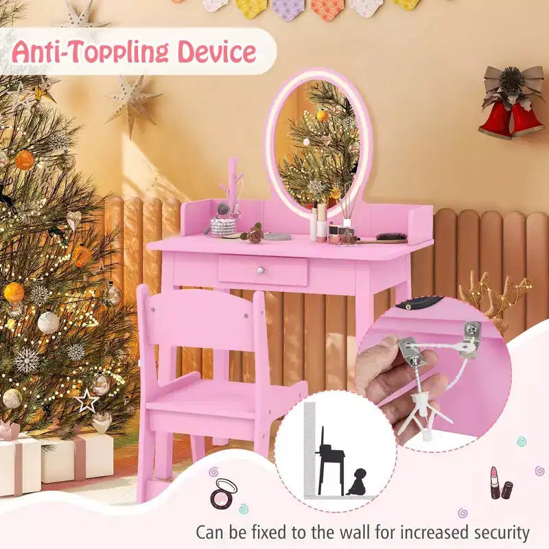 Costway Kids Vanity Set with Lighted Mirror Chair 2-Color LED Lighting for Girls Makeup White/Pink