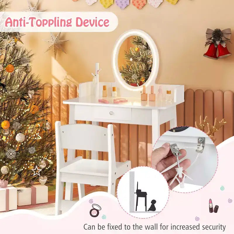 Costway Kids Vanity Set with Lighted Mirror Chair 2-Color LED Lighting for Girls Makeup White/Pink