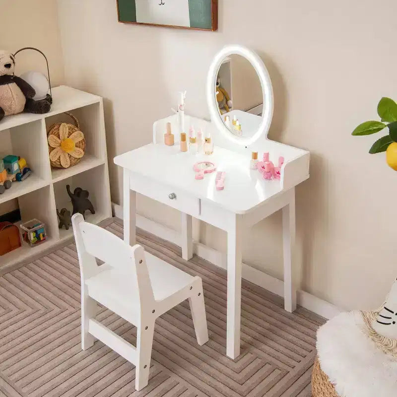Costway Kids Vanity Set with Lighted Mirror Chair 2-Color LED Lighting for Girls Makeup White/Pink