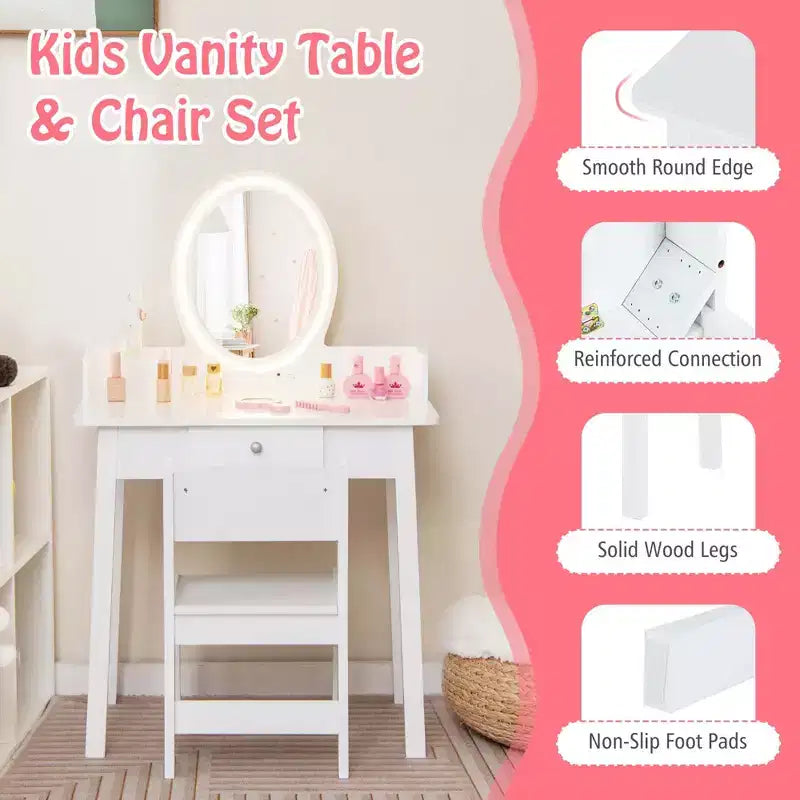 Costway Kids Vanity Set with Lighted Mirror Chair 2-Color LED Lighting for Girls Makeup White/Pink