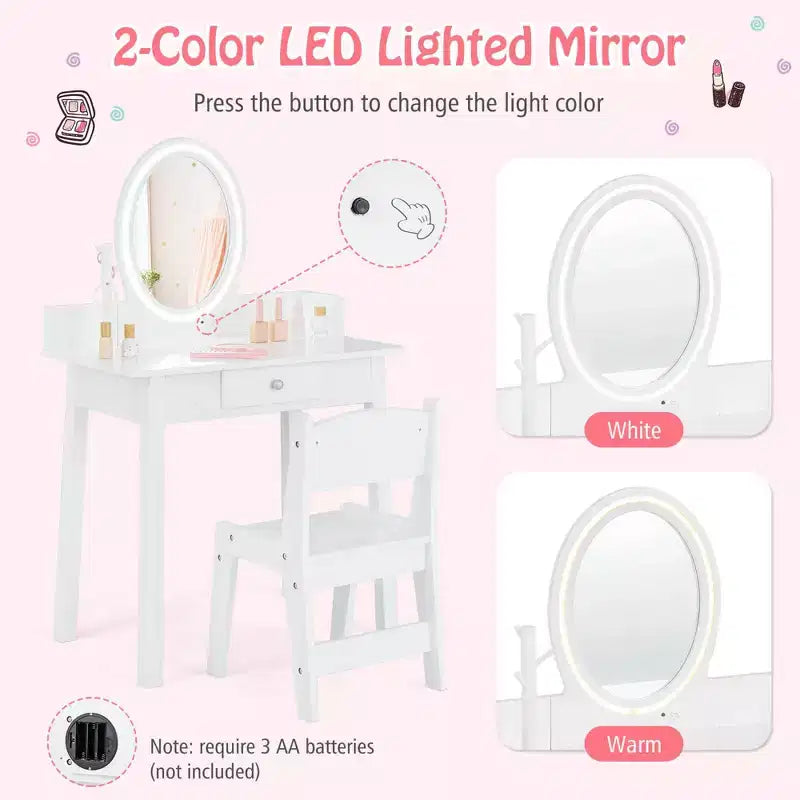 Costway Kids Vanity Set with Lighted Mirror Chair 2-Color LED Lighting for Girls Makeup White/Pink