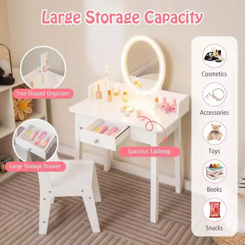 Costway Kids Vanity Set with Lighted Mirror Chair 2-Color LED Lighting for Girls Makeup White/Pink