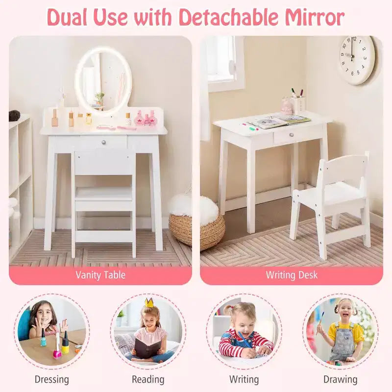 Costway Kids Vanity Set with Lighted Mirror Chair 2-Color LED Lighting for Girls Makeup White/Pink