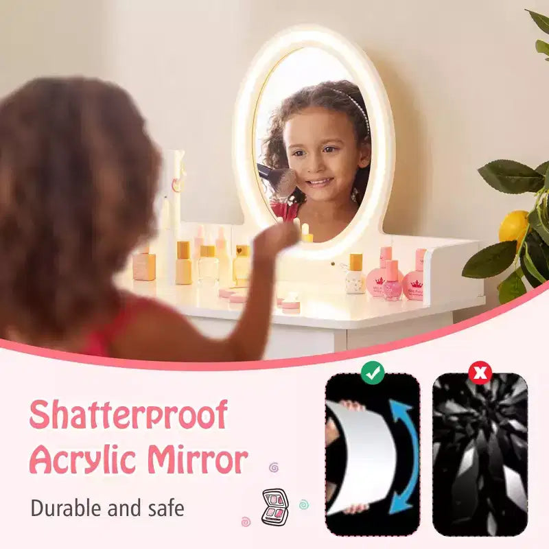 Costway Kids Vanity Set with Lighted Mirror Chair 2-Color LED Lighting for Girls Makeup White/Pink
