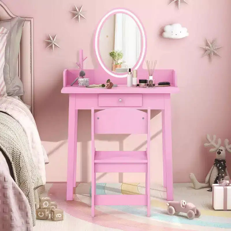 Costway Kids Vanity Set with Lighted Mirror Chair 2-Color LED Lighting for Girls Makeup White/Pink