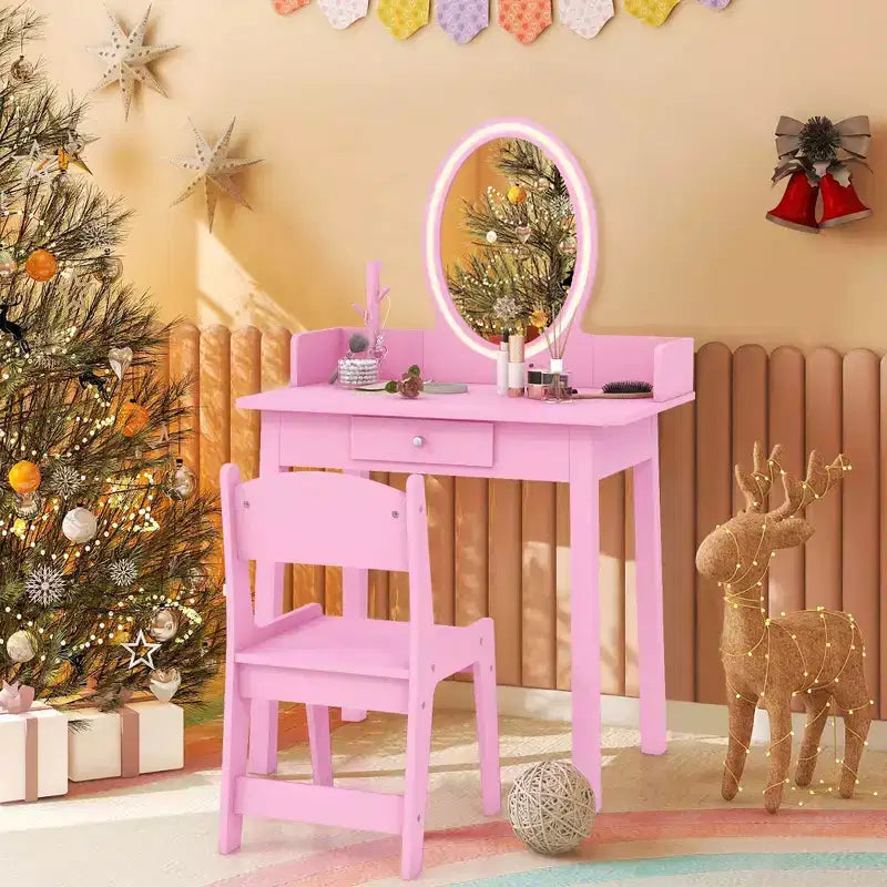 Costway Kids Vanity Set with Lighted Mirror Chair 2-Color LED Lighting for Girls Makeup White/Pink