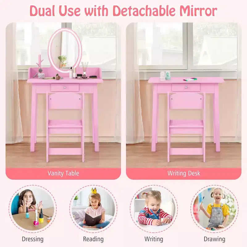 Costway Kids Vanity Set with Lighted Mirror Chair 2-Color LED Lighting for Girls Makeup White/Pink