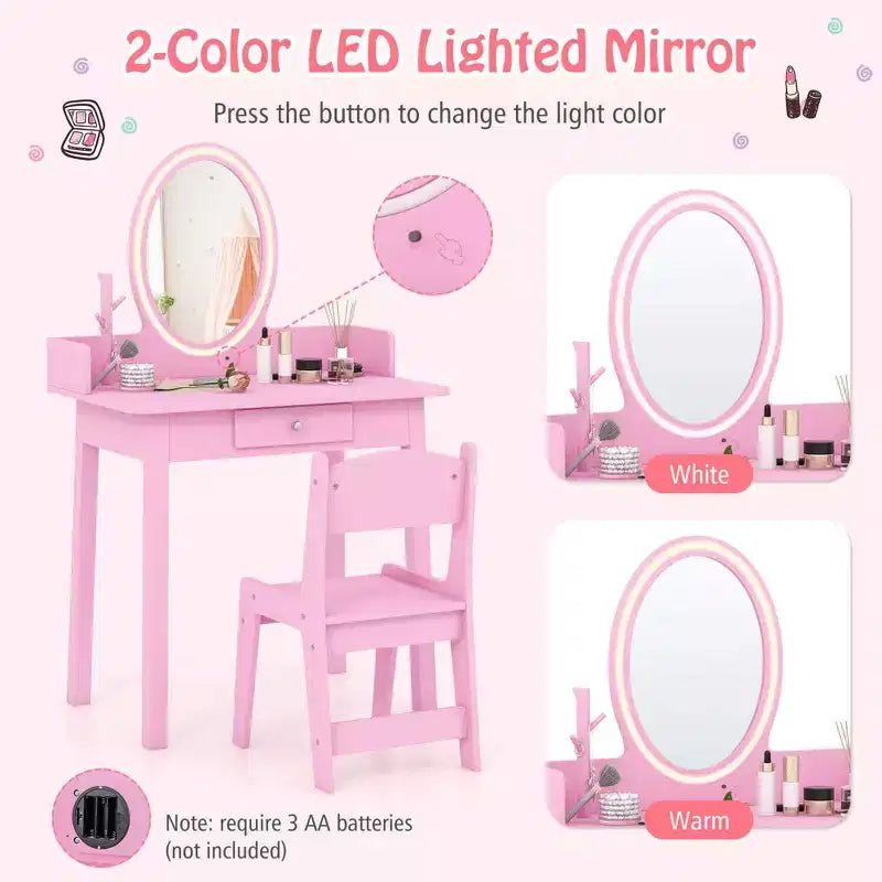 Costway Kids Vanity Set with Lighted Mirror Chair 2-Color LED Lighting for Girls Makeup White/Pink