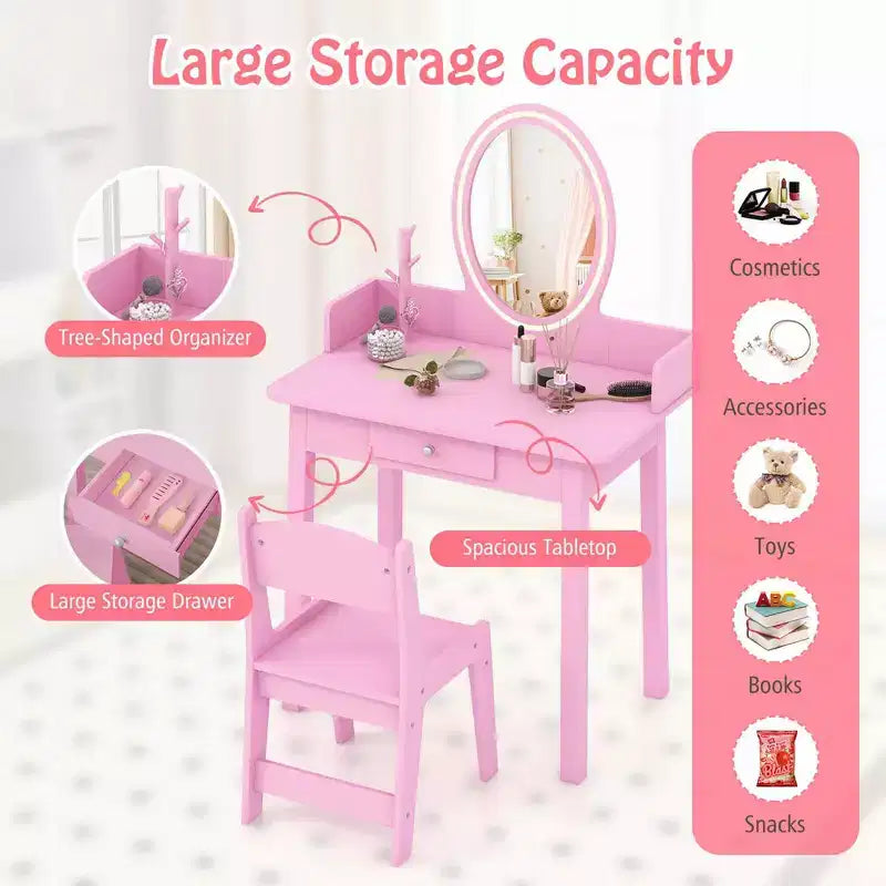 Costway Kids Vanity Set with Lighted Mirror Chair 2-Color LED Lighting for Girls Makeup White/Pink