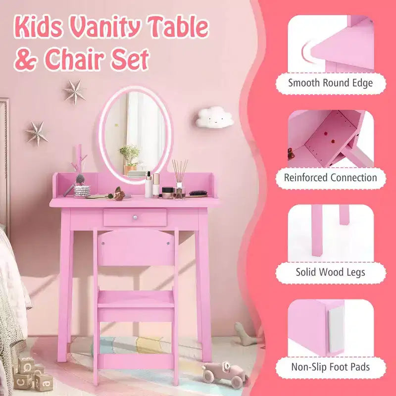 Costway Kids Vanity Set with Lighted Mirror Chair 2-Color LED Lighting for Girls Makeup White/Pink