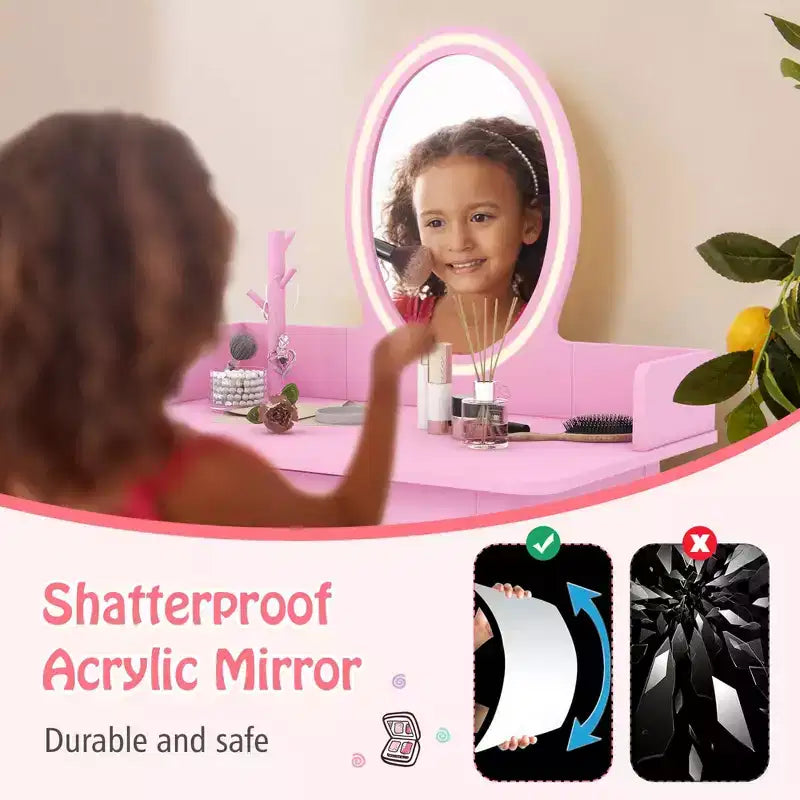 Costway Kids Vanity Set with Lighted Mirror Chair 2-Color LED Lighting for Girls Makeup White/Pink