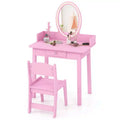 Costway Kids Vanity Set with Lighted Mirror Chair 2-Color LED Lighting for Girls Makeup White/Pink