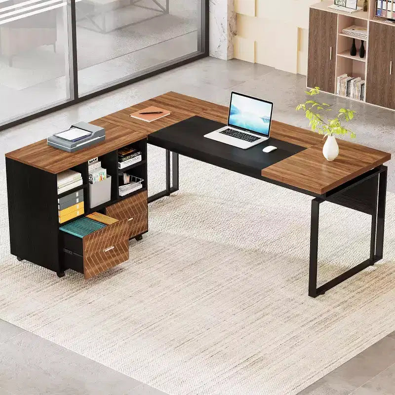 Lantine 63 L-Shaped Executive Desk with Reversible File Cabinet