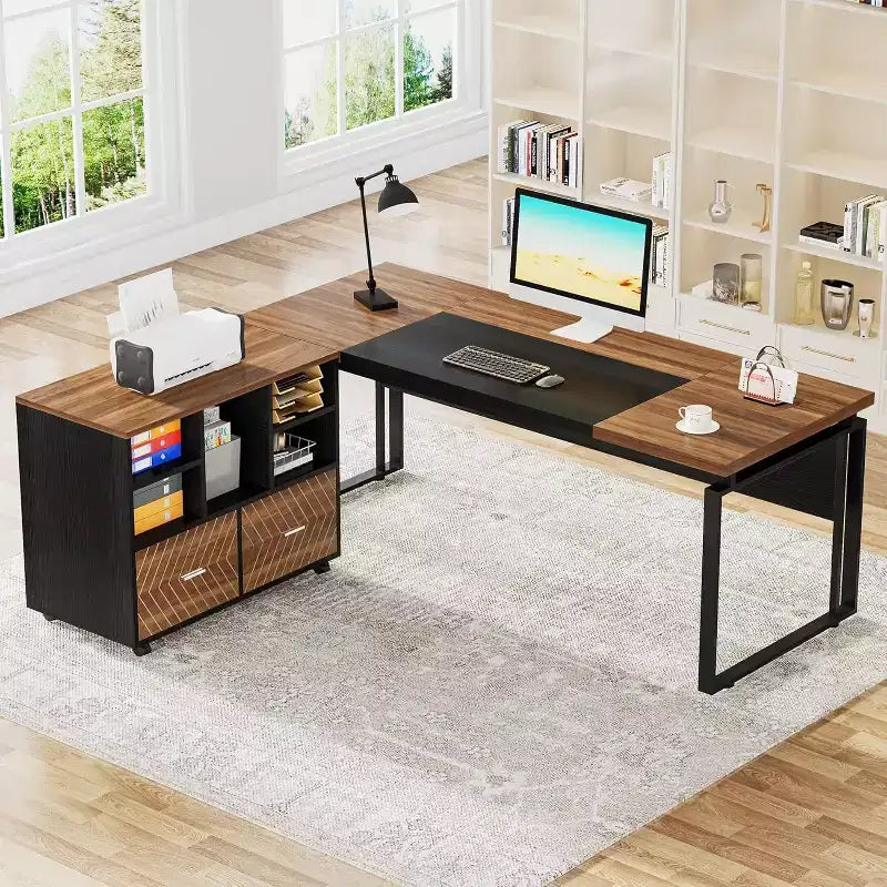 Lantine 63 L-Shaped Executive Desk with Reversible File Cabinet