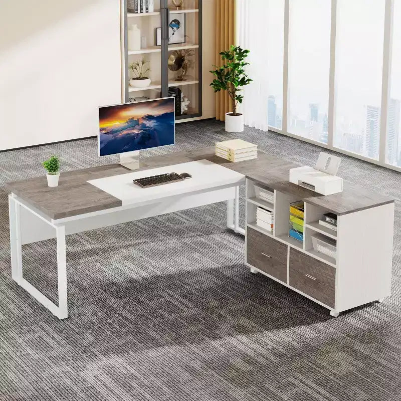 Lantine 63 L-Shaped Executive Desk with Reversible File Cabinet