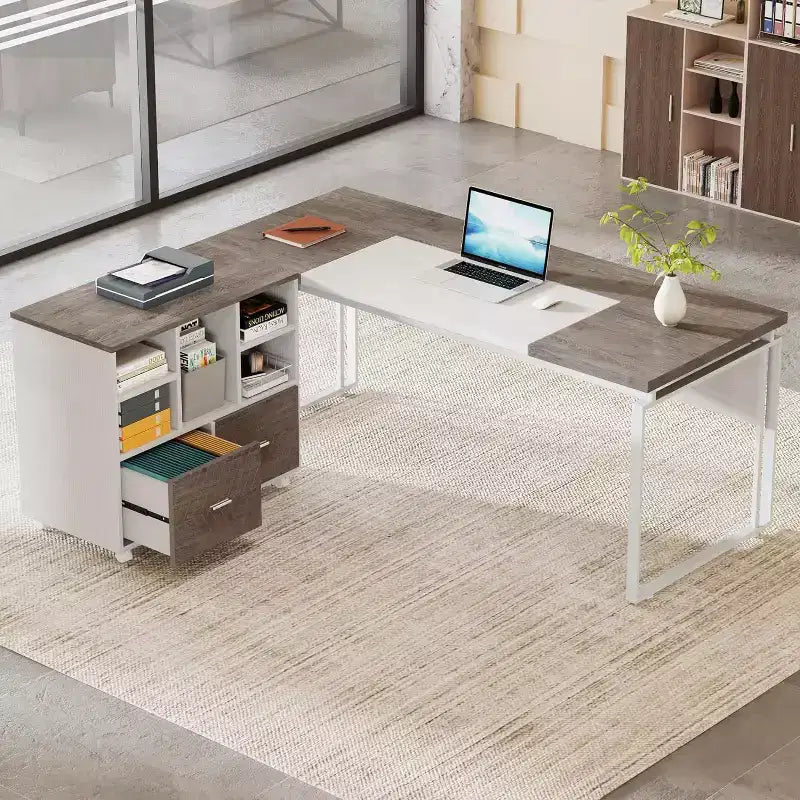 Lantine 63 L-Shaped Executive Desk with Reversible File Cabinet