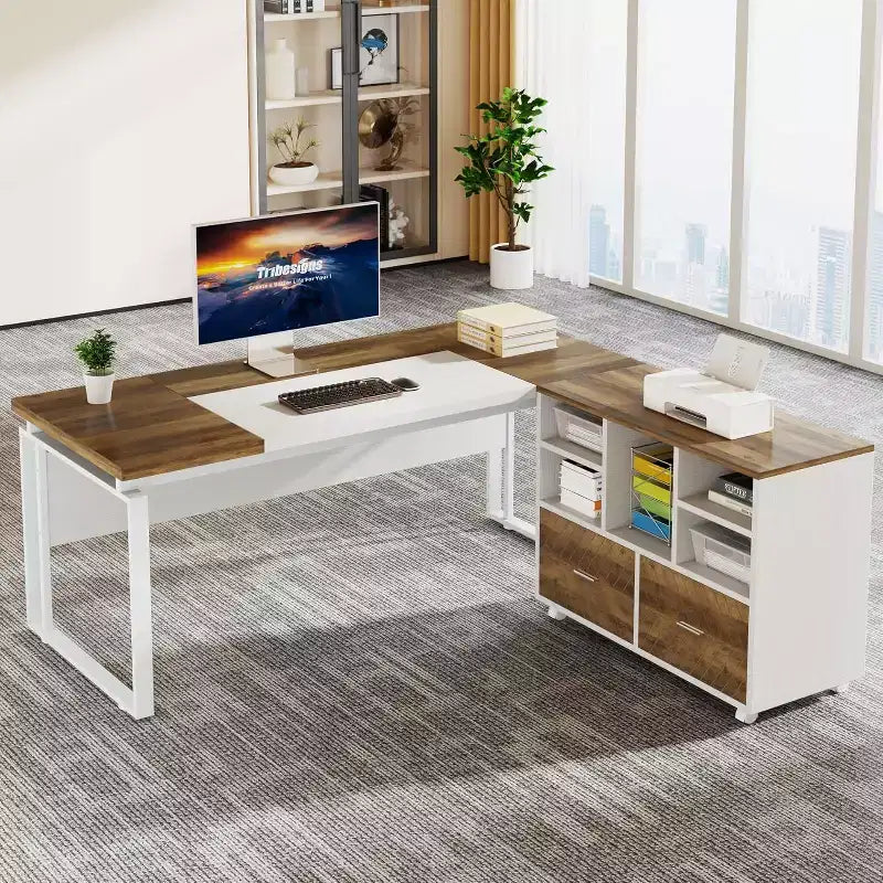 Lantine 63 L-Shaped Executive Desk with Reversible File Cabinet