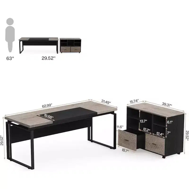 Lantine 63 L-Shaped Executive Desk with Reversible File Cabinet