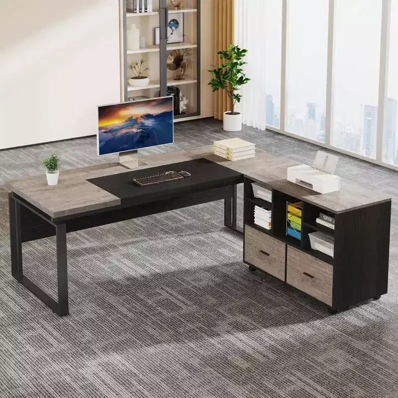 Lantine 63 L-Shaped Executive Desk with Reversible File Cabinet