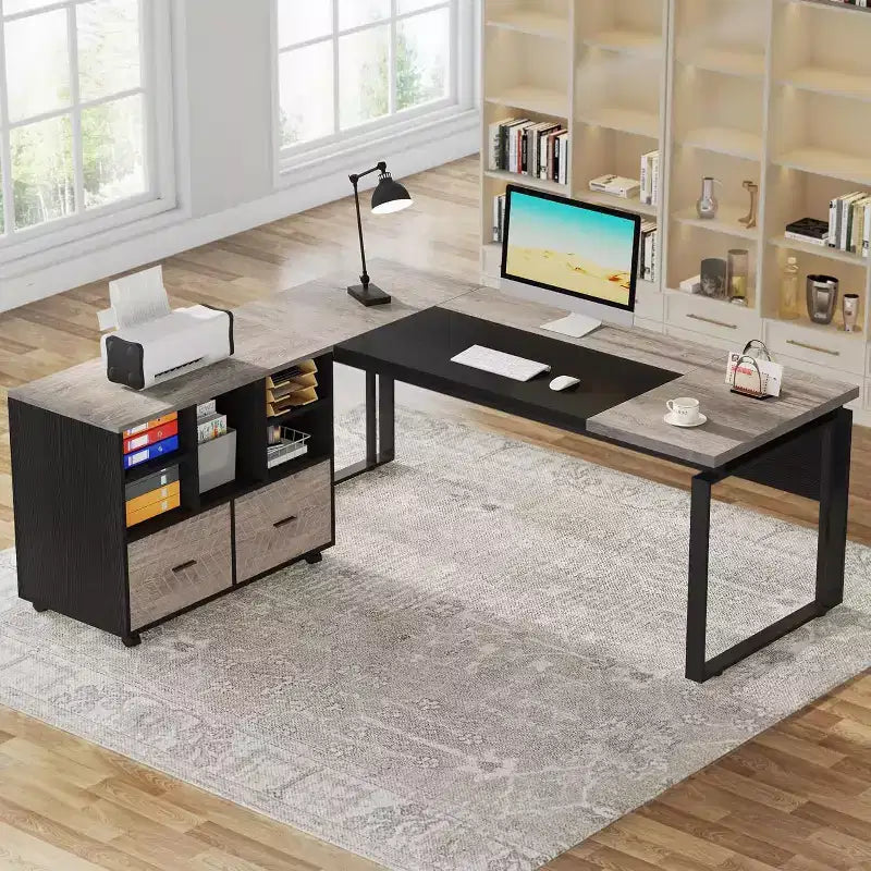 Lantine 63 L-Shaped Executive Desk with Reversible File Cabinet
