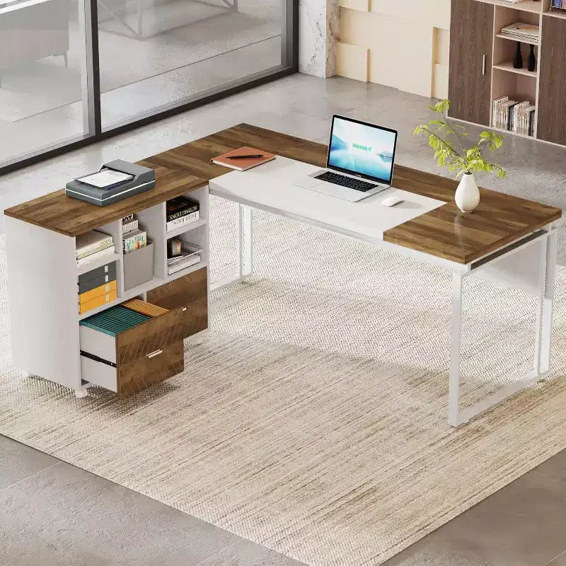 Lantine 63 L-Shaped Executive Desk with Reversible File Cabinet