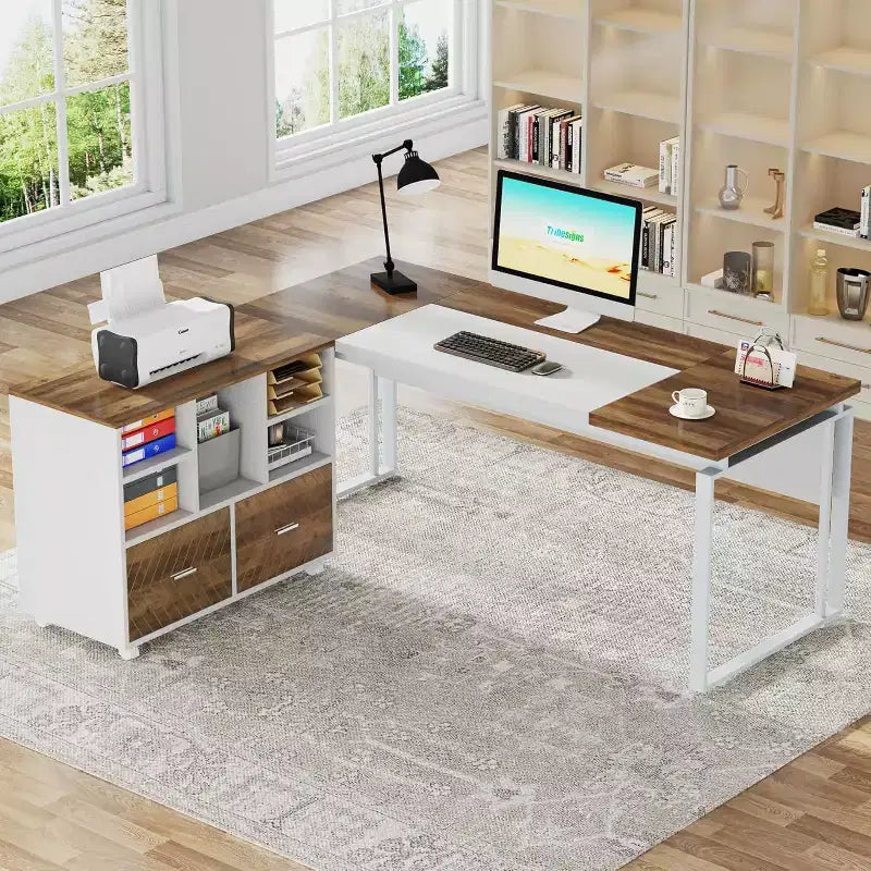 Lantine 63 L-Shaped Executive Desk with Reversible File Cabinet